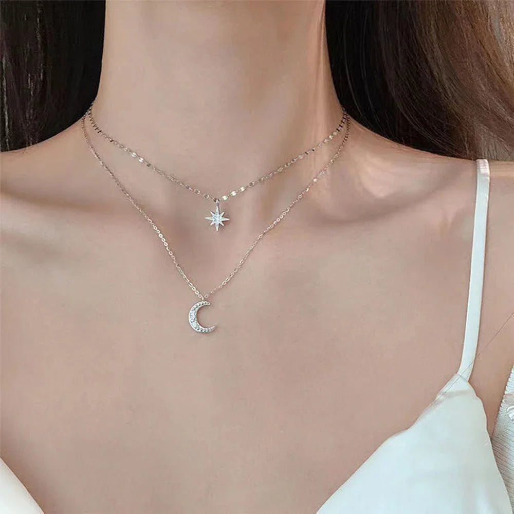 Double Layer Star & Moon Necklace – Delicate Zircon Women’s Jewelry