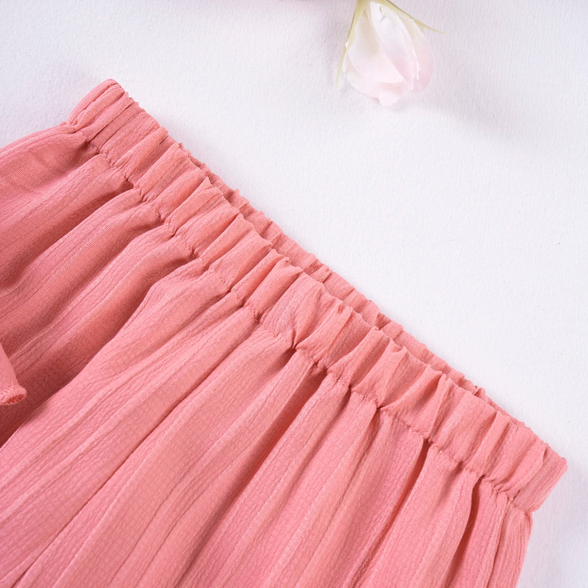 Girls Solid Color Suspenders Dress Set – Ruffles Top & Wide Leg Pants, Elegant Summer Outfit