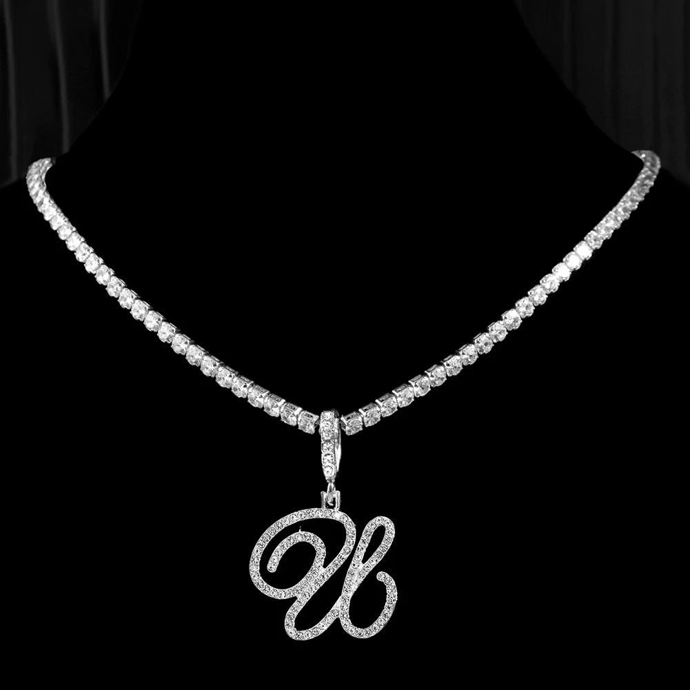 Cursive Letter Name Necklace – CZ Alphabet Pendant Hip Hop Jewelry