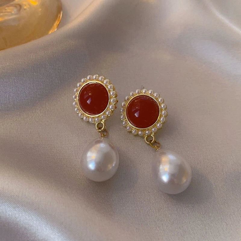 Wine Red Pearl Flower Heart Stud Earrings – Vintage Women’s Geometric Jewelry