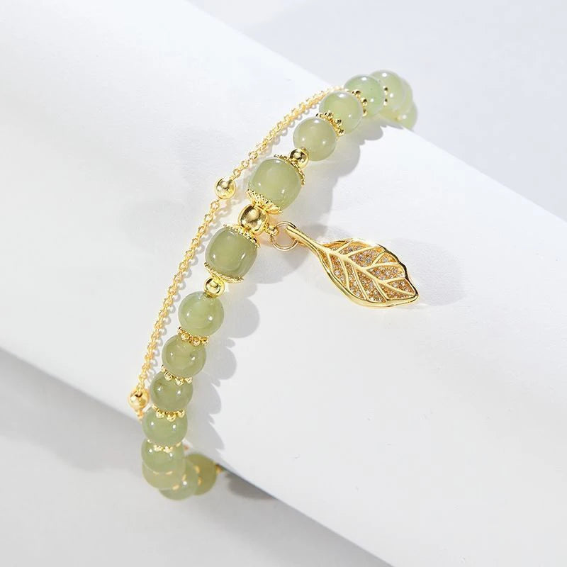 Chinese Style Green Jade Double Chain Bracelet – Gold Leaf W rist Bangle for Women