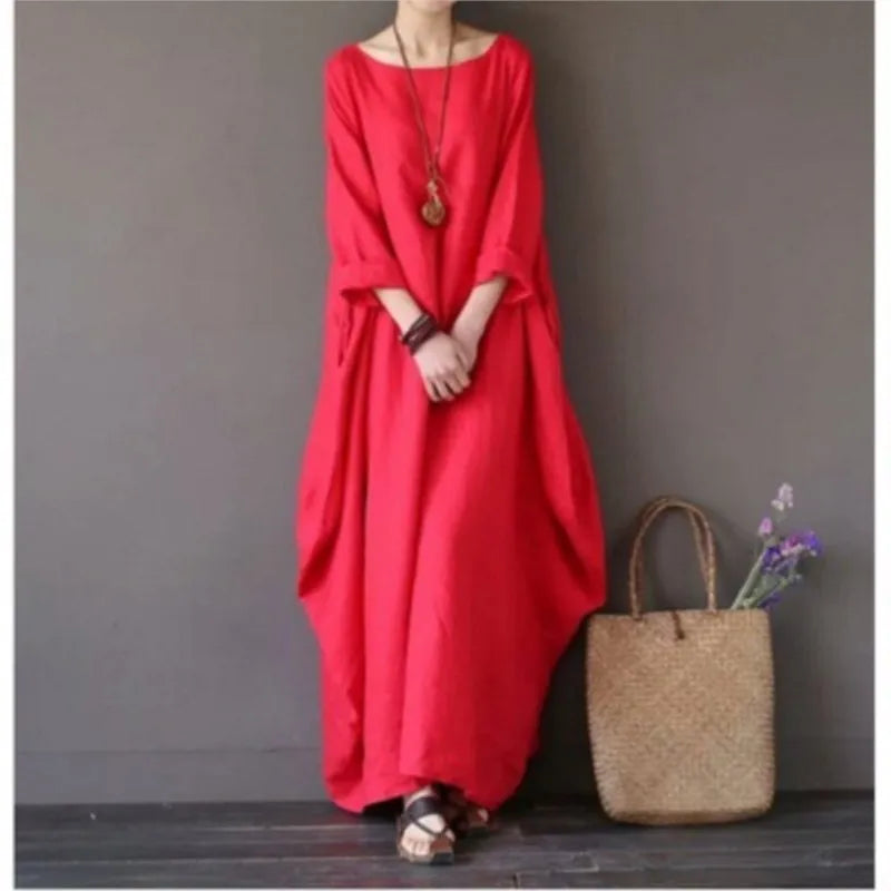 Vintage Cotton Linen Maxi Dress – Loose Fit & Summer Style