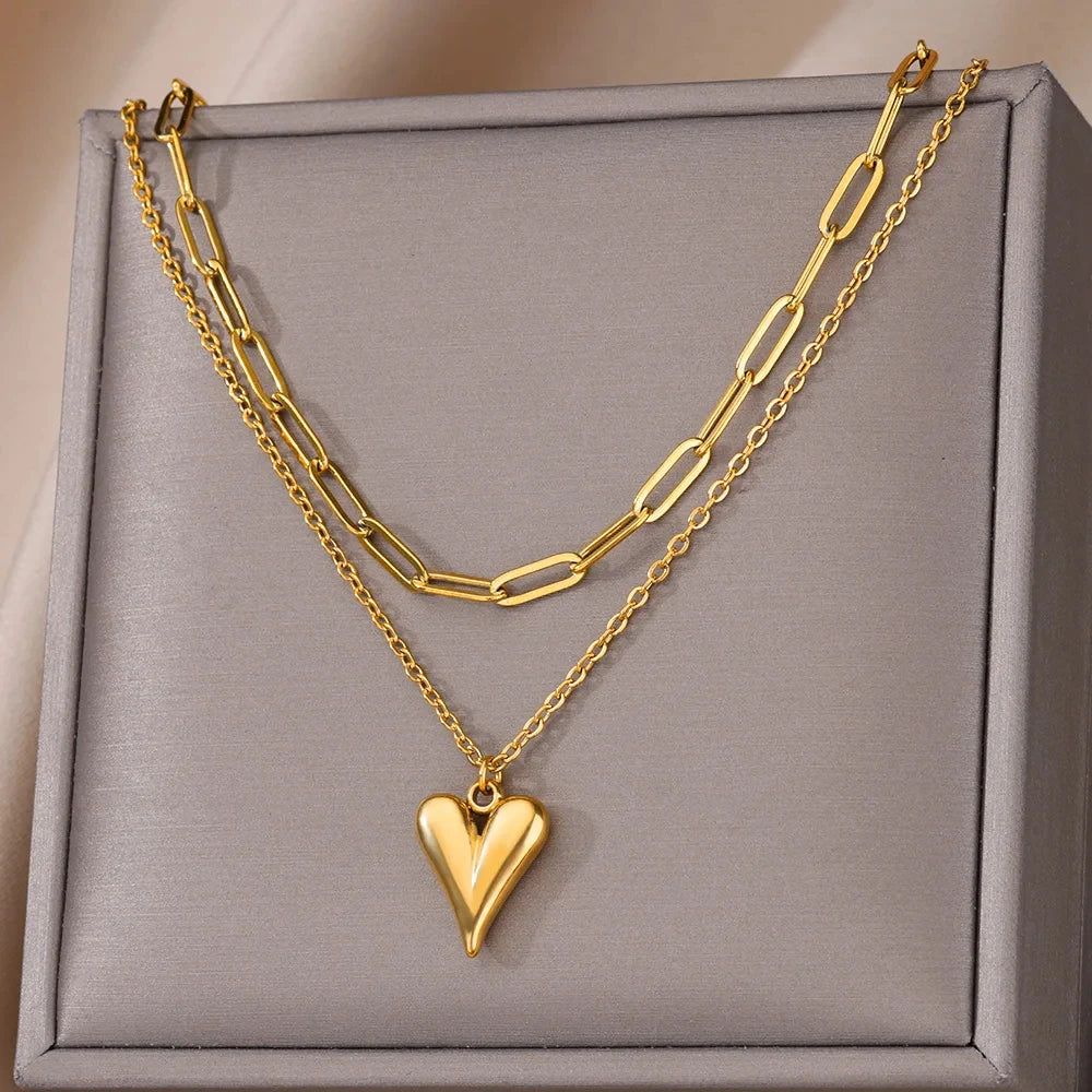 316L Stainless Steel Multilayer Heart Necklace – Gold Goth Clavicle Choker for Women