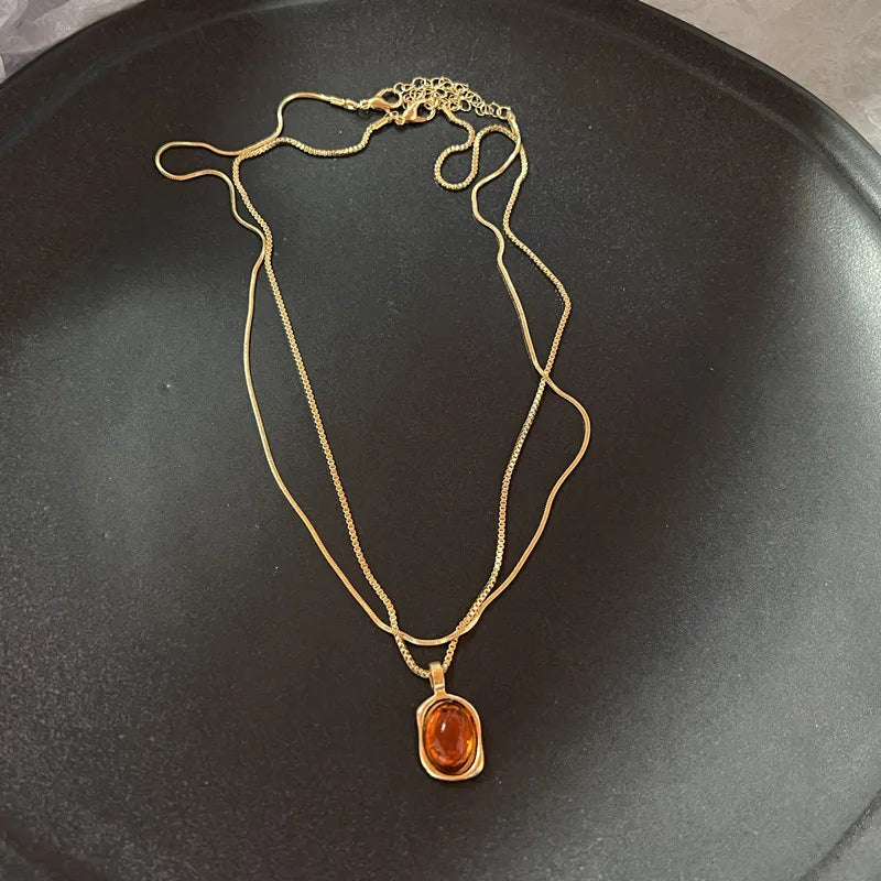 Vintage Brown Stone Pendant Necklace – Long Leather Rope Women’s Jewelry