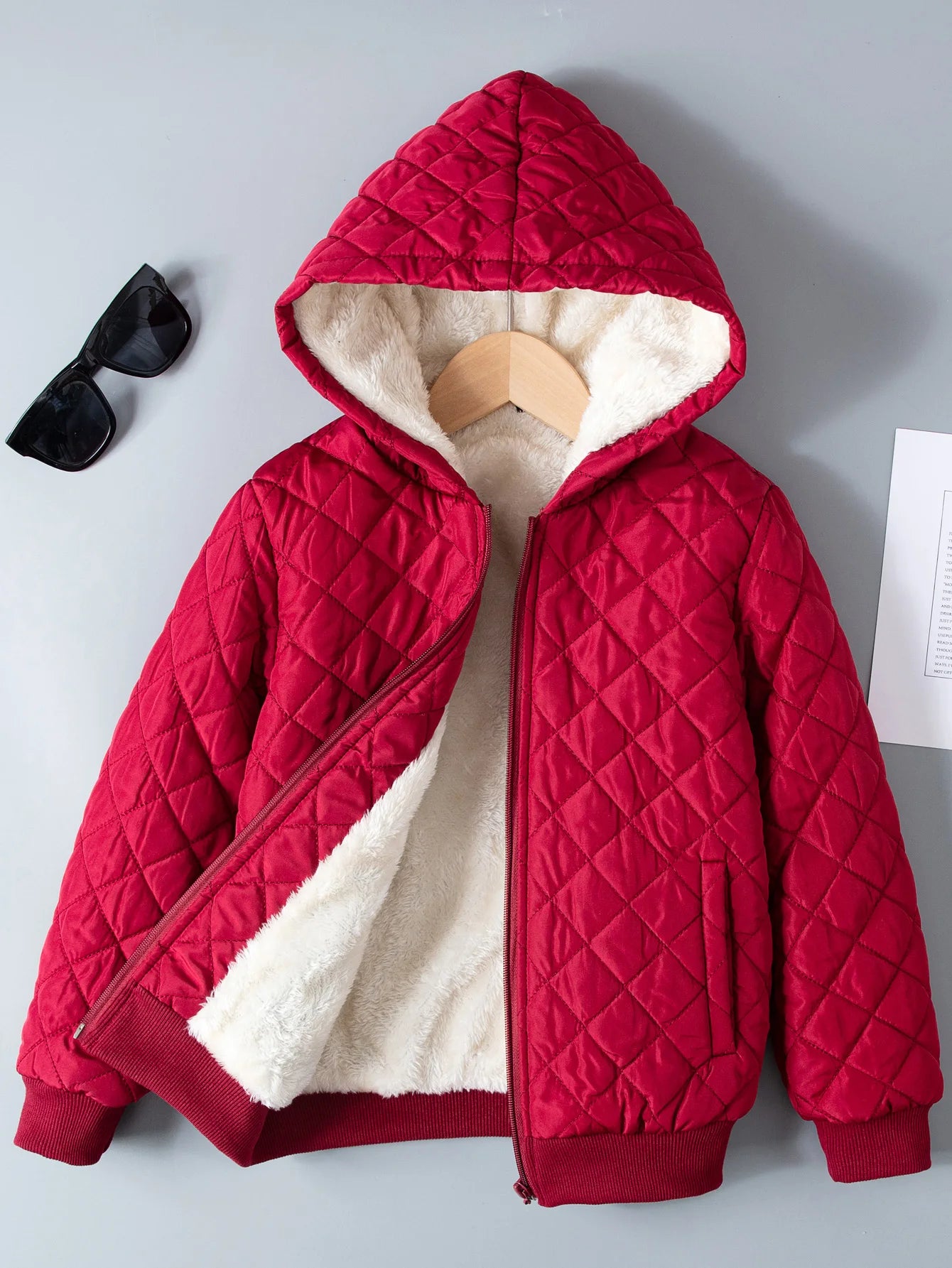 Kids Boys Teddy Lined Hooded Argyle Quilted Coat Fleece Zipper Artificial Jacket