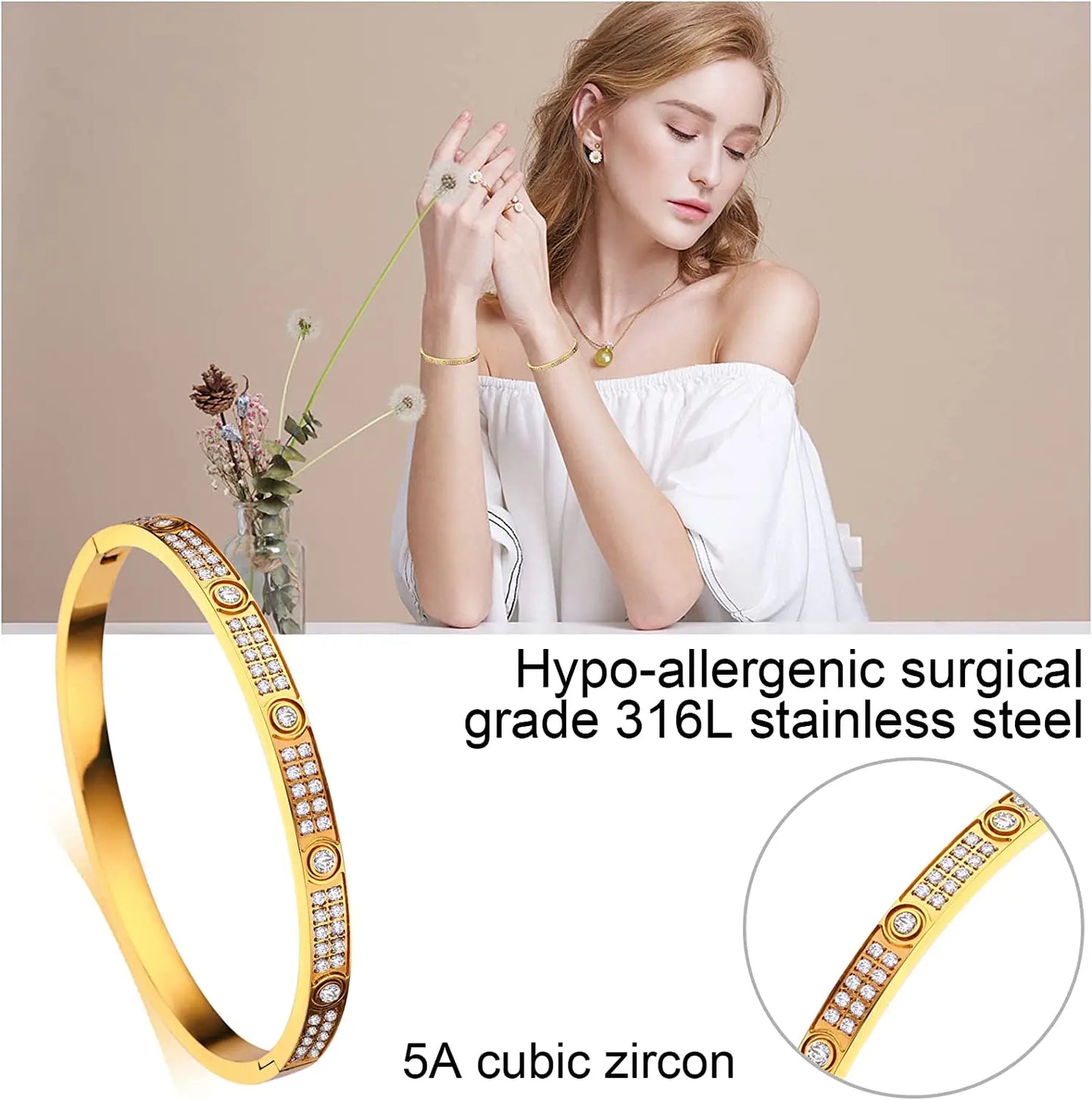 2023 Gold Zircon Cross Nail Bracelet – Stainless Steel Bangle for Women
