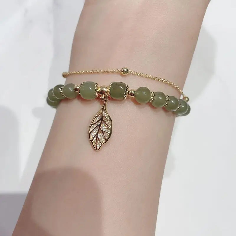 Chinese Style Green Jade Double Chain Bracelet – Gold Leaf W rist Bangle for Women