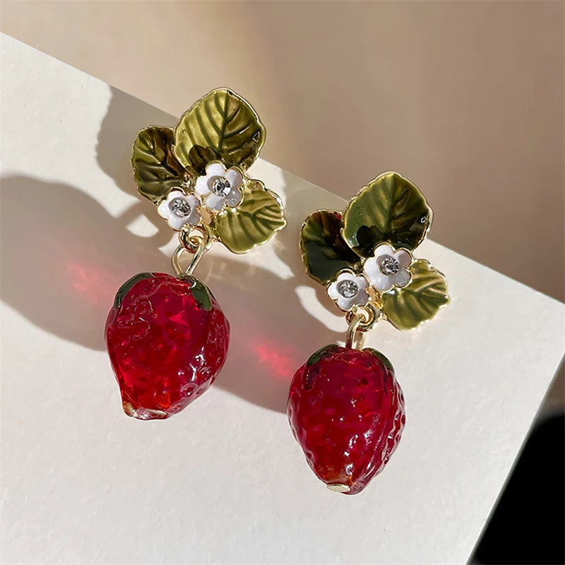 Red Strawberry Flower Drop Earrings – 3D Fruit Women’s Jewelry