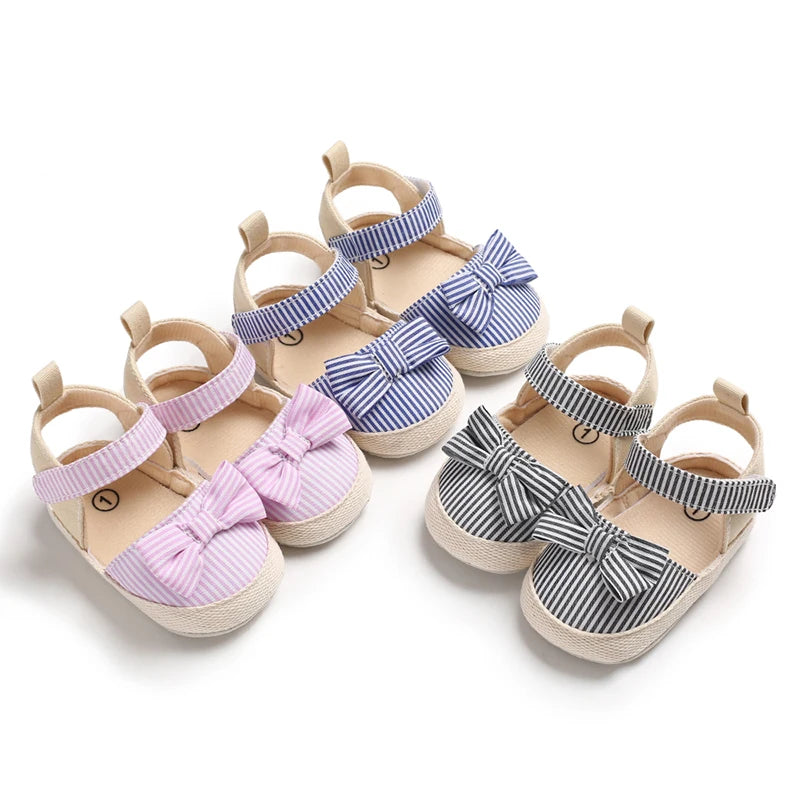 Baby Girl Summer Sandals – Soft Sole Bow Canvas Shoes