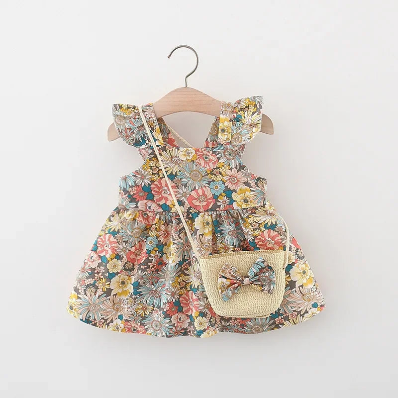 Baby Girl Floral Dress – Ruffled Halter A-Line with Bag (0–3 Yrs)