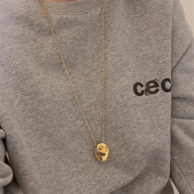 Large Geometric Oval Water Drop Pendant Necklace – Stainless Steel Long Sweater Chain for Women