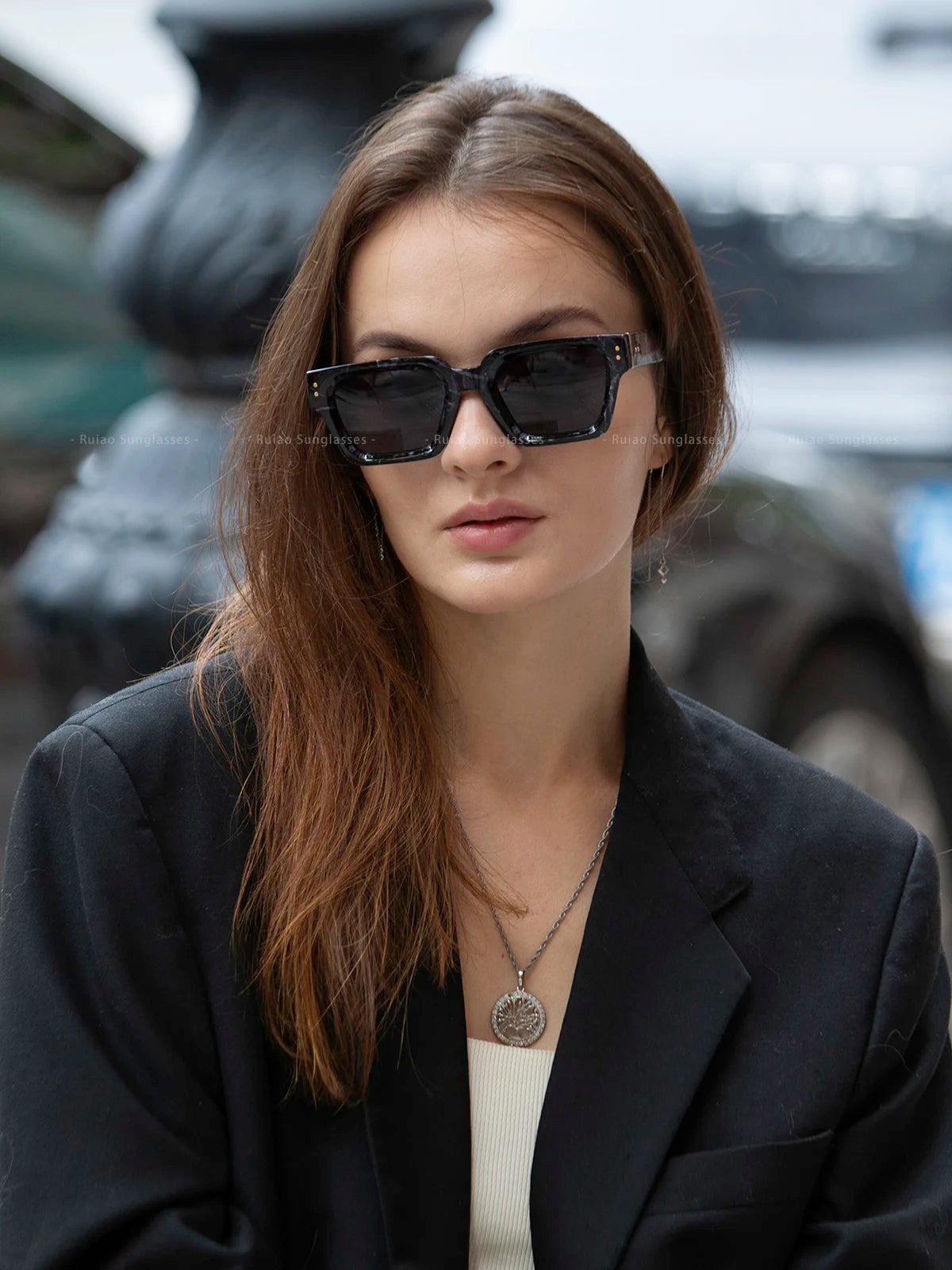 Ruiao 2025 Luxury Premium Black Designer Square Sunglasses – Unisex for Men & Women