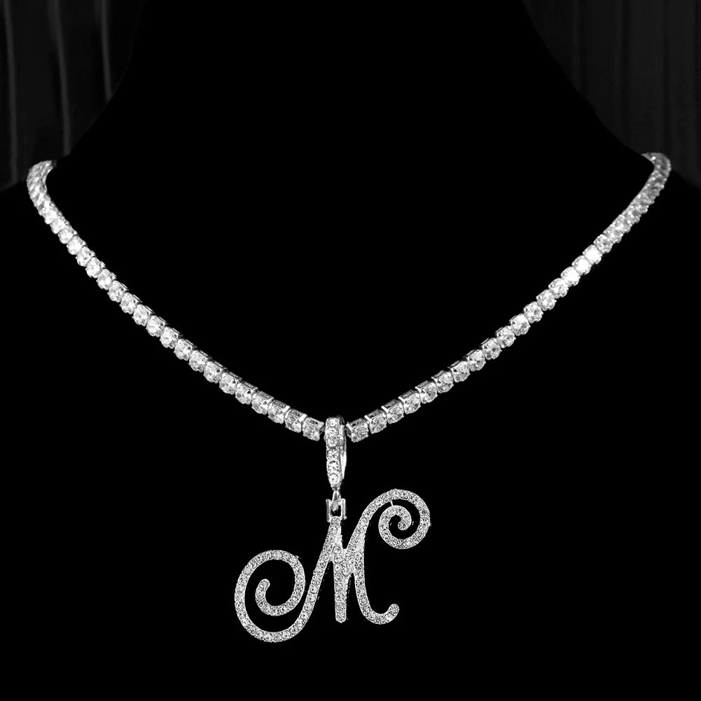 Cursive Letter Name Necklace – CZ Alphabet Pendant Hip Hop Jewelry
