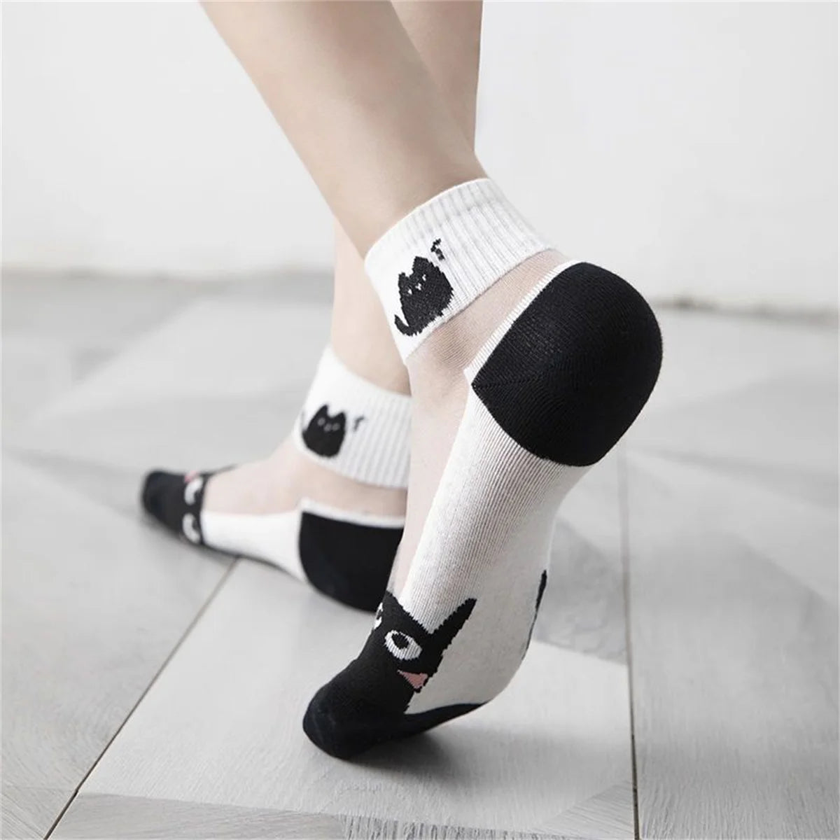 Sheer Cat Print Ankle Socks – 5 Pairs Breathable Summer Set