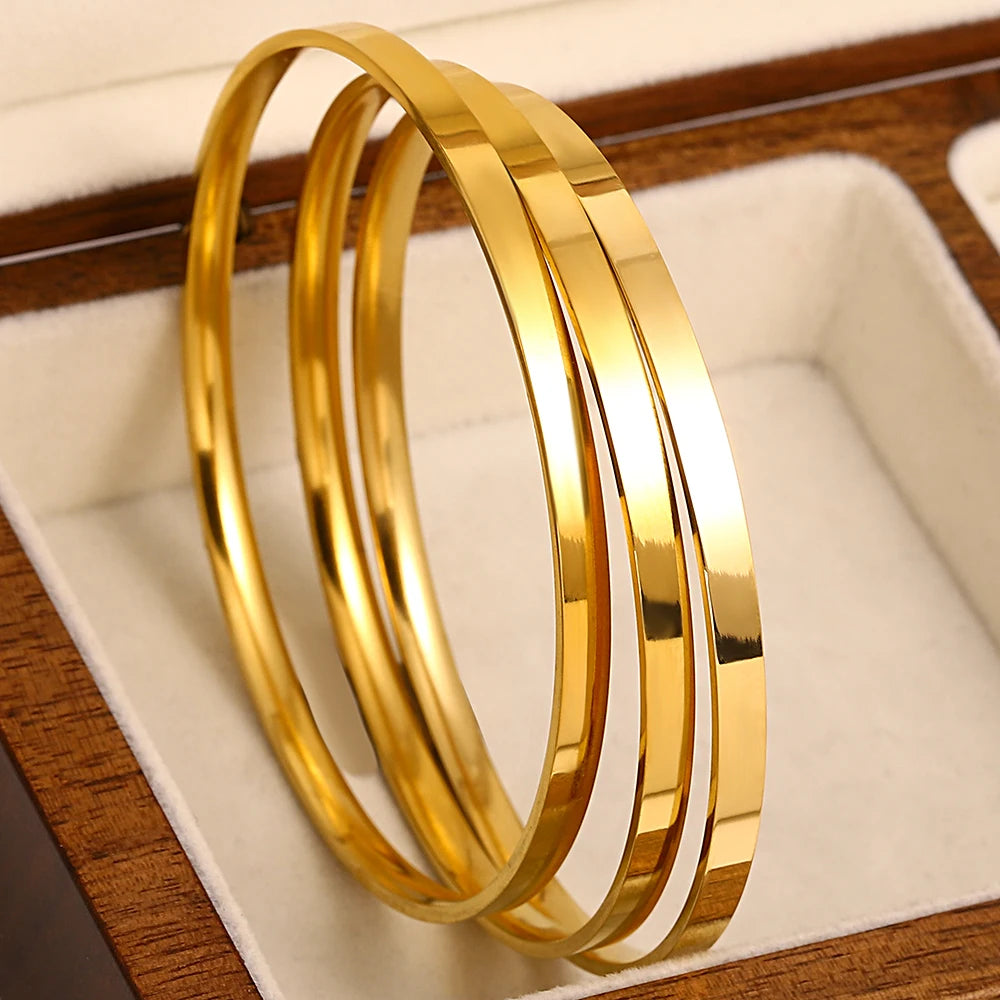 3pcs 18K Gold Plated Stainless Steel Minimalist Bangle Set – Waterproof Jewelry for Women