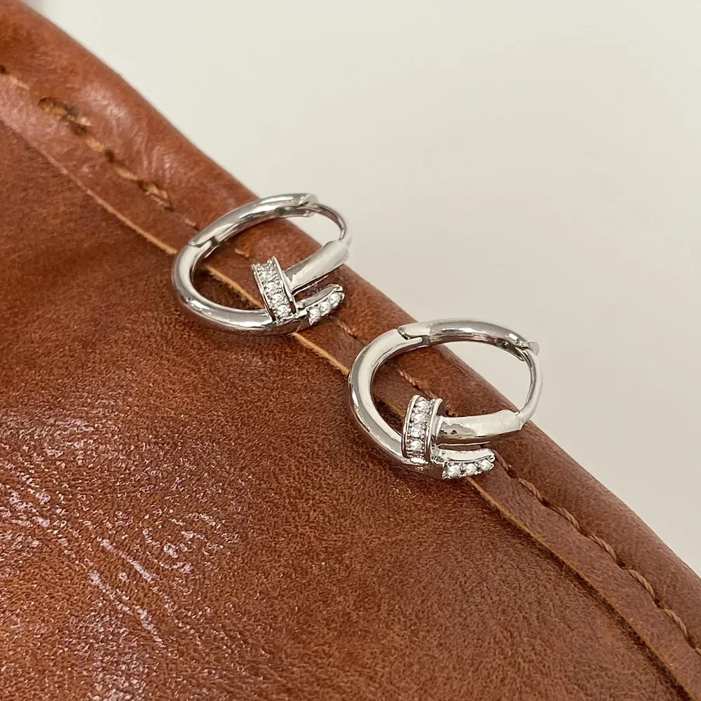 925 Sterling Silver Zircon Nail Hoop Earrings – Minimalist Trendy Jewelry for Women