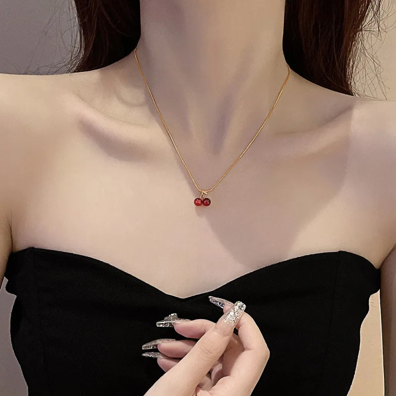 Gold Stainless Steel Wine Red Cherry Pendant Necklace – Fashion Jewelry for Women
