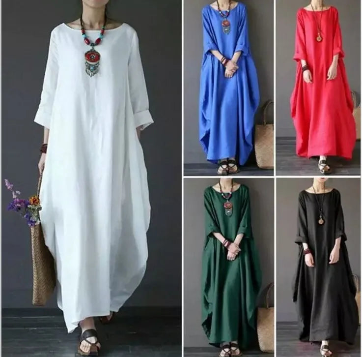 Vintage Cotton Linen Maxi Dress – Loose Fit & Summer Style