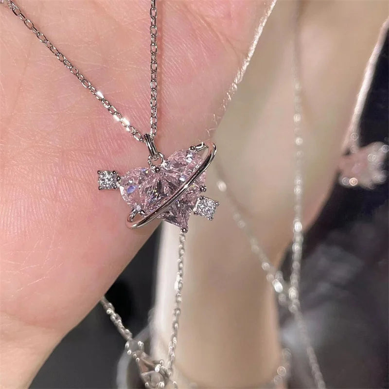 Y2K Pink Planet Heart Zircon Pendant Necklace – Aesthetic Clavicle Jewelry for Women