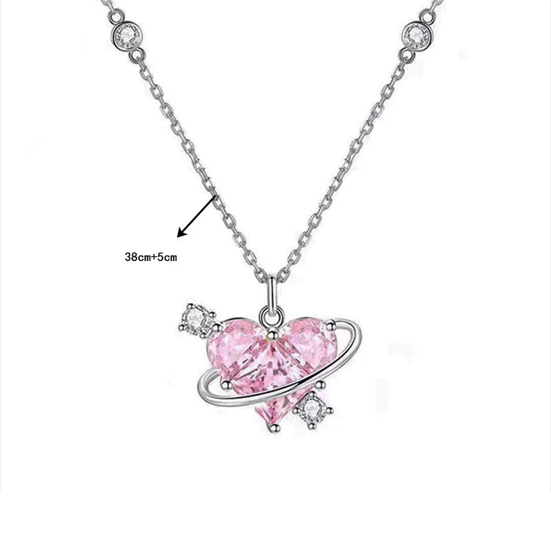 Y2K Pink Planet Heart Zircon Pendant Necklace – Aesthetic Clavicle Jewelry for Women