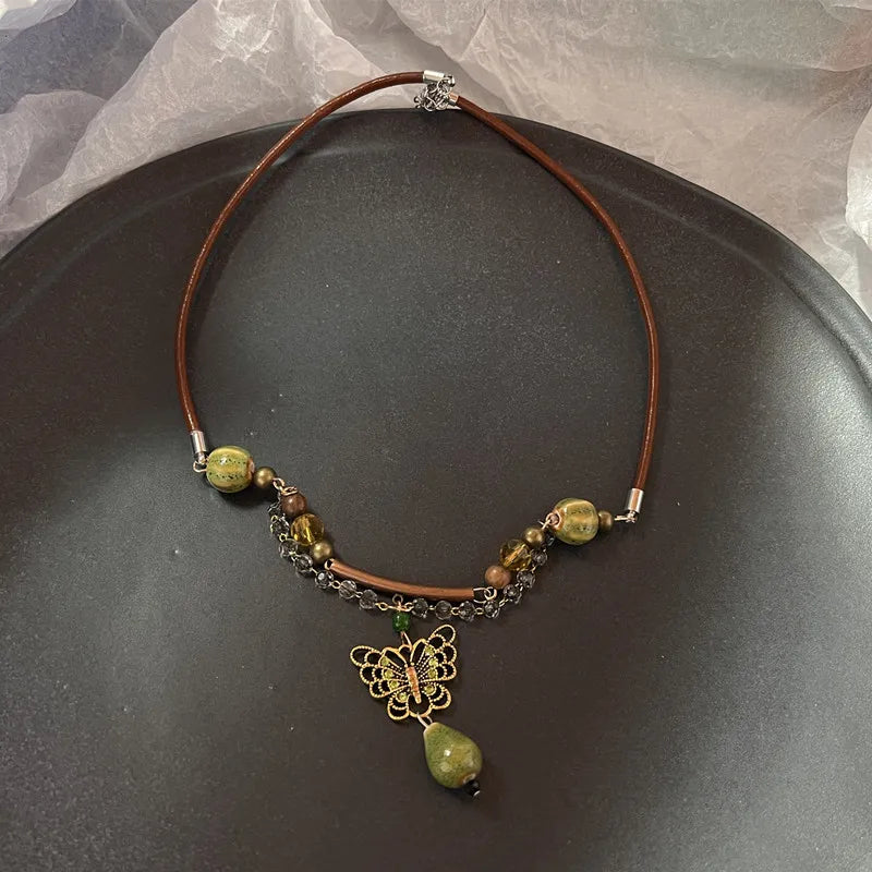 Vintage Brown Stone Pendant Necklace – Long Leather Rope Women’s Jewelry