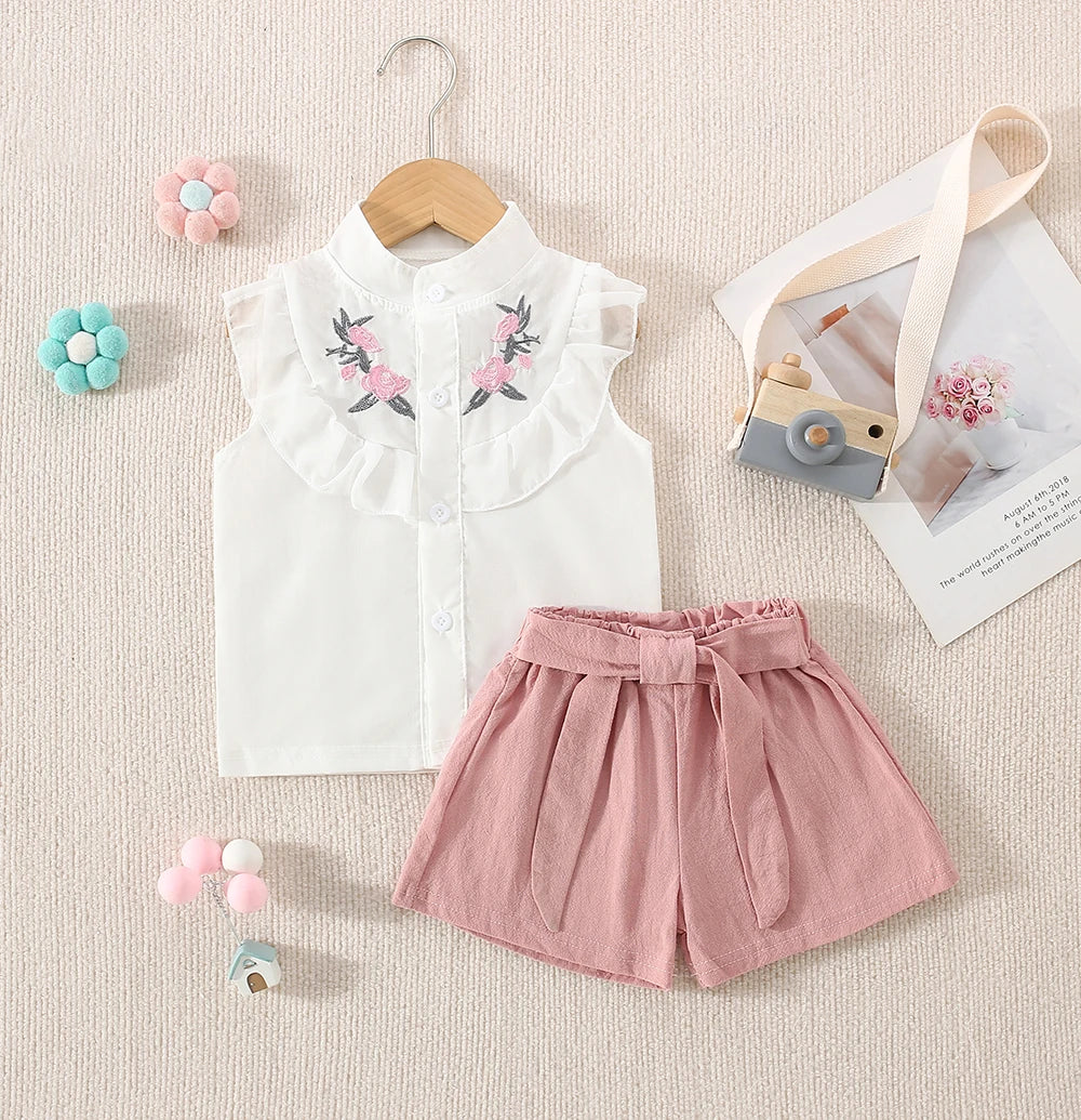 Baby Girl Summer Set – Cotton Embroidered Top & Shorts (0–3 Yrs)