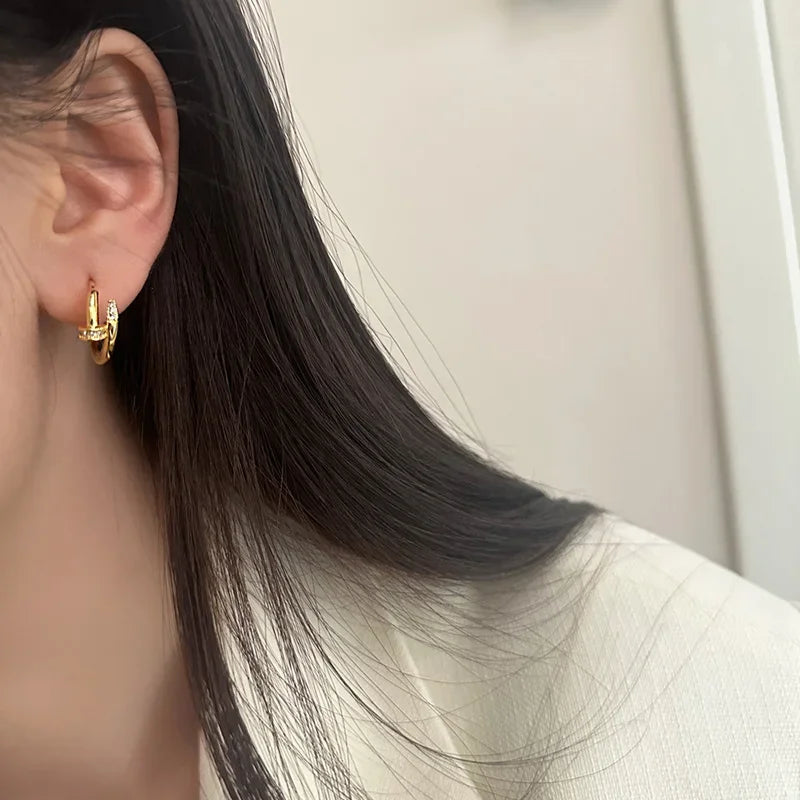 925 Sterling Silver Zircon Nail Hoop Earrings – Minimalist Trendy Jewelry for Women