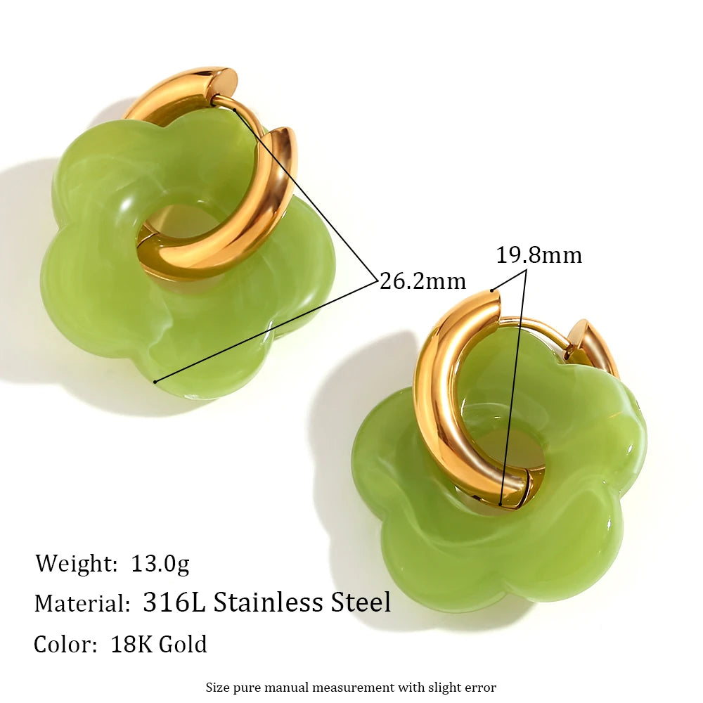 Colorful Resin Flower Hoop Earrings – Waterproof Stainless Steel Women’s Jewelry