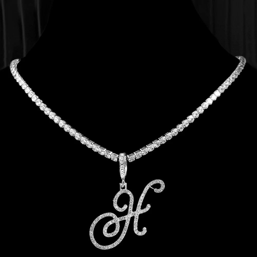 Cursive Letter Name Necklace – CZ Alphabet Pendant Hip Hop Jewelry