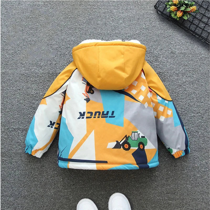 2025 Boys Cotton Coat – Kids Cartoon Car Print Hooded Warm Winter Parka Outerwear