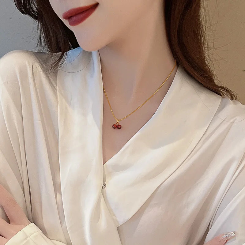 Gold Stainless Steel Wine Red Cherry Pendant Necklace – Fashion Jewelry for Women