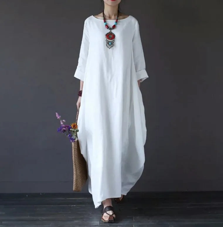 Vintage Cotton Linen Maxi Dress – Loose Fit & Summer Style