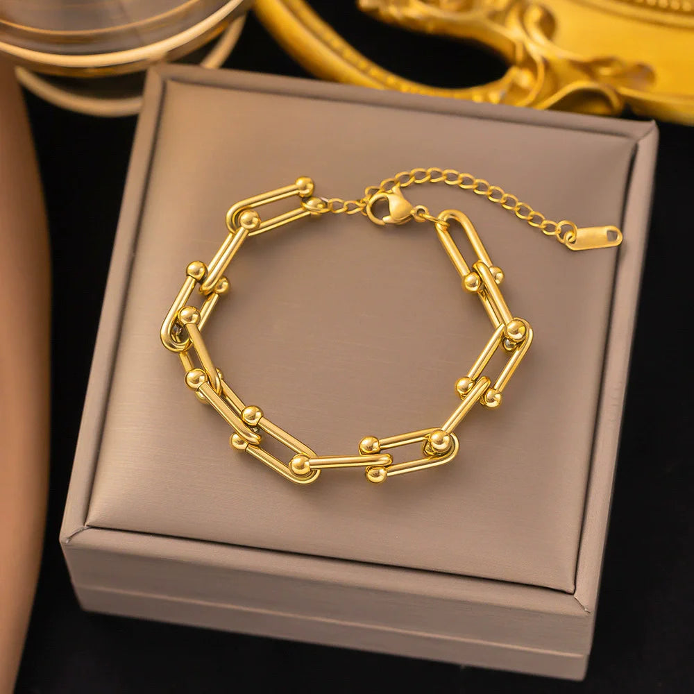 316L Stainless Steel U-Shape Thick Chain Jewelry Set – Necklace, Bracelet & Earrings for Wedding