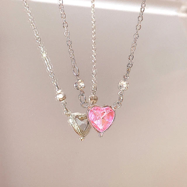 Y2K Pink Planet Heart Zircon Pendant Necklace – Aesthetic Clavicle Jewelry for Women