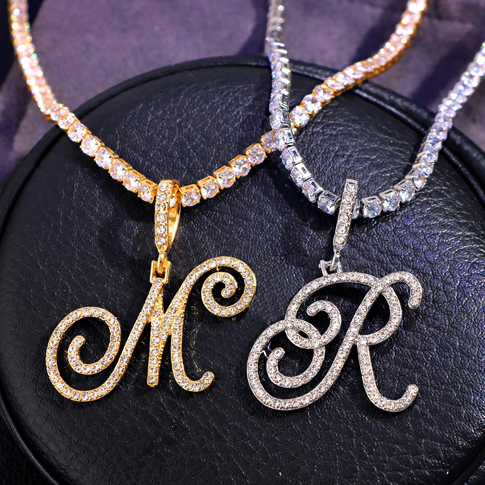 Cursive Letter Name Necklace – CZ Alphabet Pendant Hip Hop Jewelry