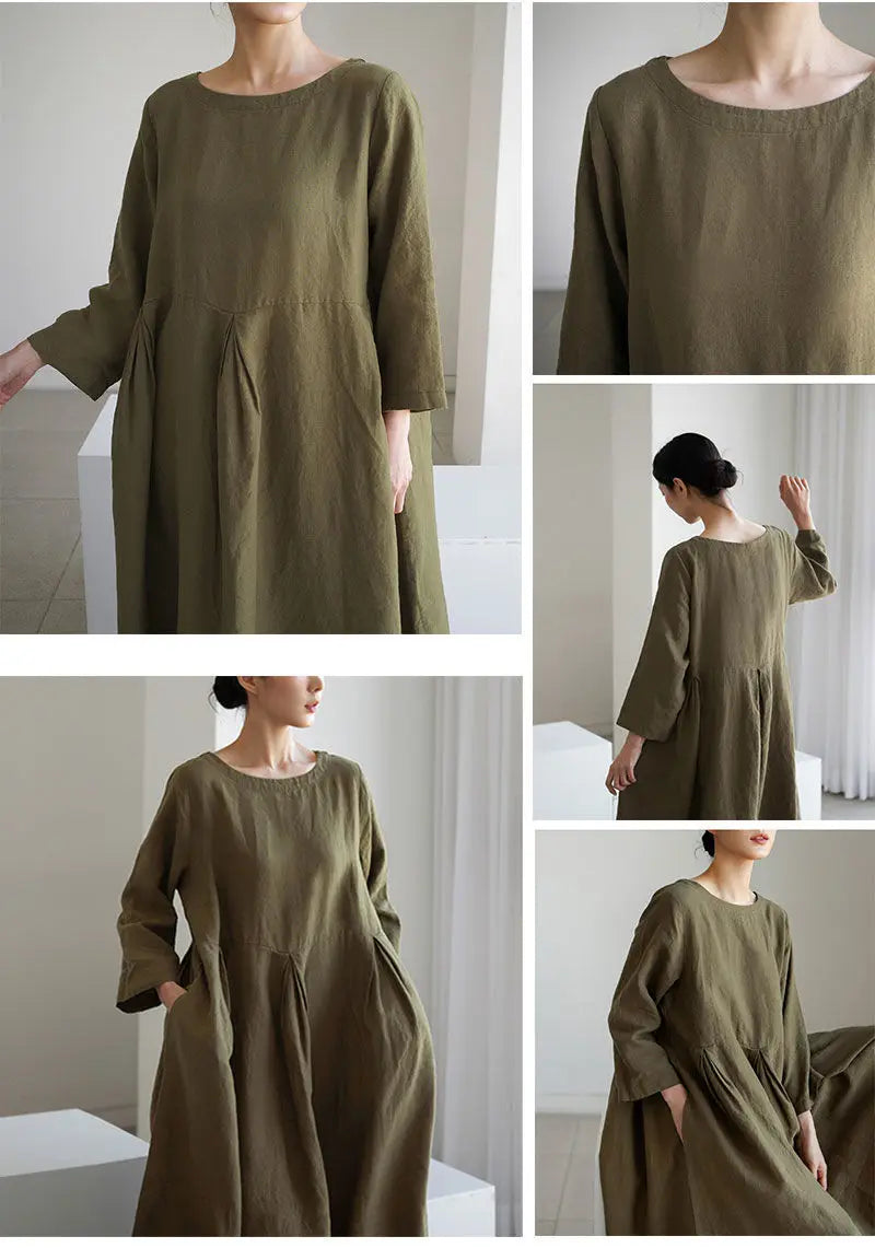 Loose Cotton Linen Dress – Mori Style Knee-Length Pullover