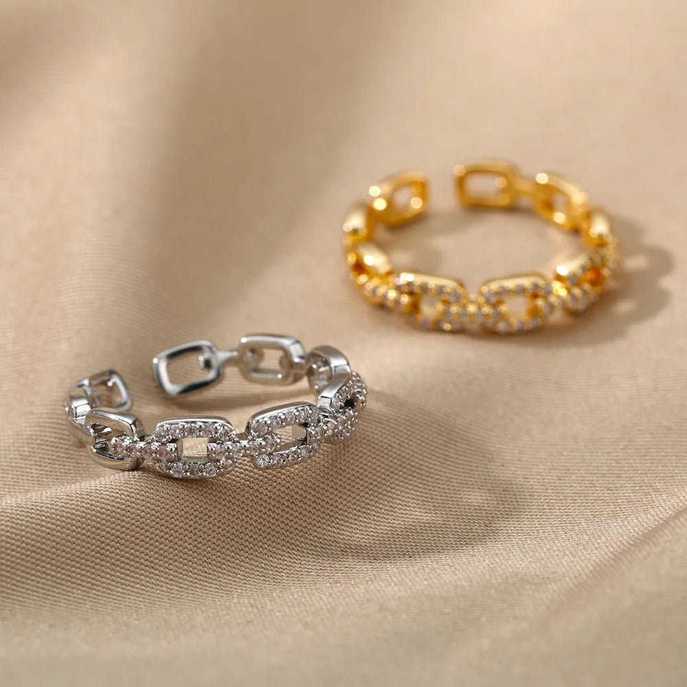 Classic Zircon Twist Chain Ring – Elegant Stainless Steel Couple’s Jewelry