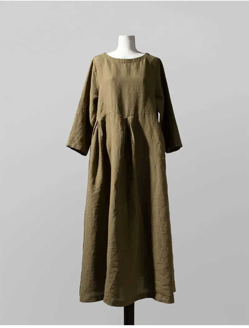 Loose Cotton Linen Dress – Mori Style Knee-Length Pullover