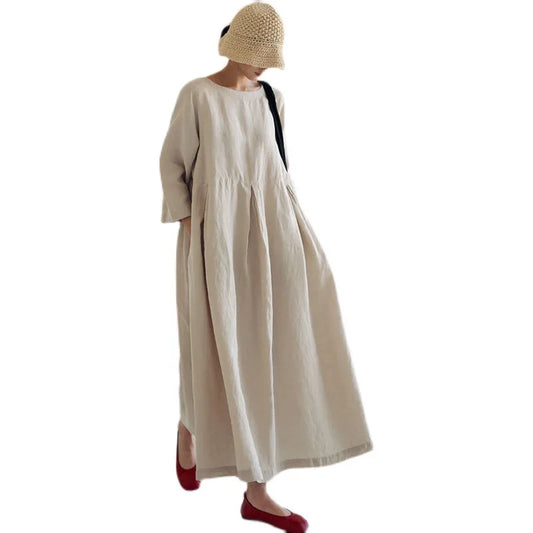 Loose Cotton Linen Dress – Mori Style Knee-Length Pullover