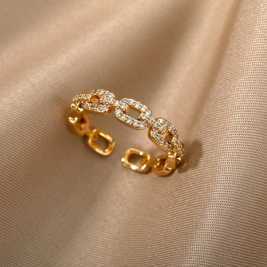 Classic Zircon Twist Chain Ring – Elegant Stainless Steel Couple’s Jewelry