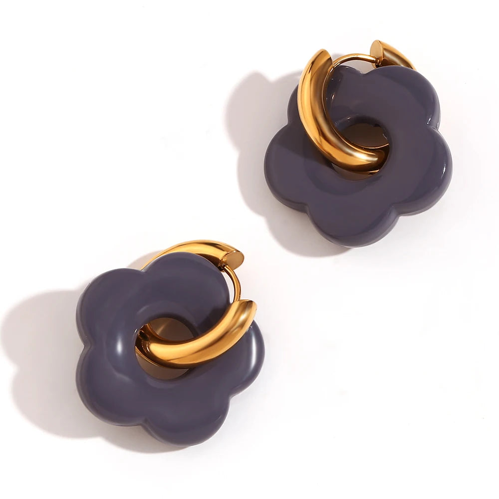 Colorful Resin Flower Hoop Earrings – Waterproof Stainless Steel Women’s Jewelry