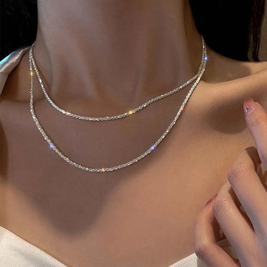 Silver Sparkling Clavicle Chain Necklace – Trendy Korean Wedding Party Jewelry for Women