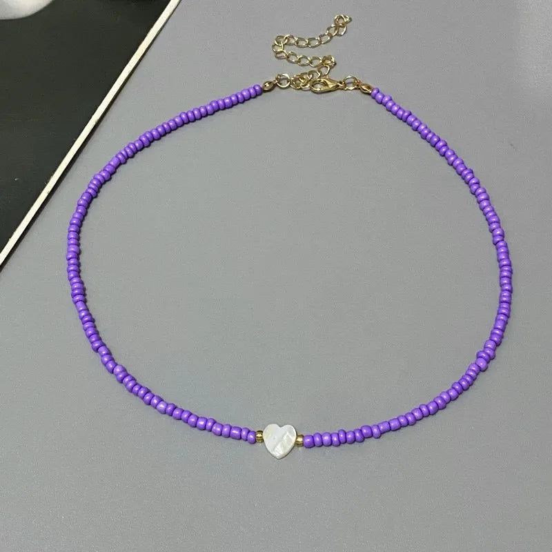 Nature Shell Love Heart Choker Necklace – Colorful Glass Beads Spring Summer Gift for Girls