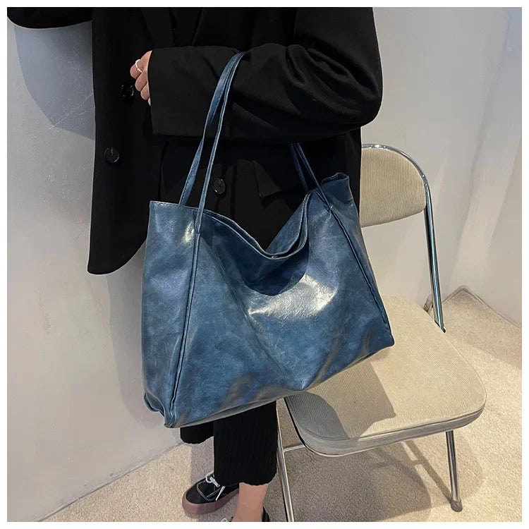 Women’s Retro PU Leather Tote – Large Soft Shoulder/Crossbody Bucket Bag