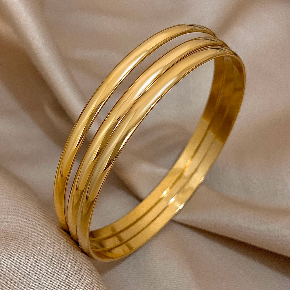 3pcs 18K Gold Plated Stainless Steel Minimalist Bangle Set – Waterproof Jewelry for Women