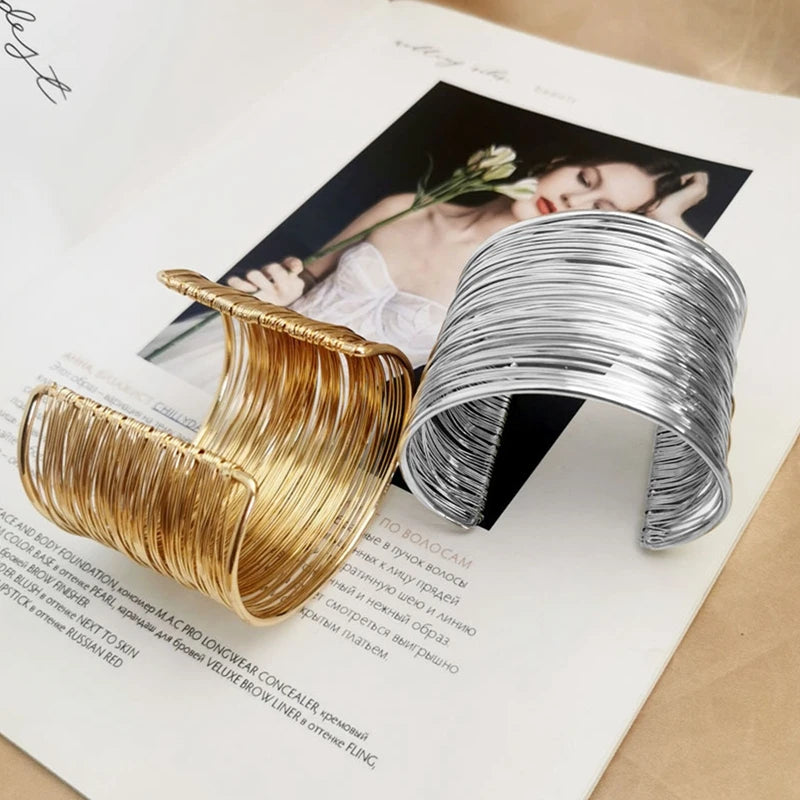 Gold Wide Cuff Bangle – Open Wire Wrap Bracelet for Women