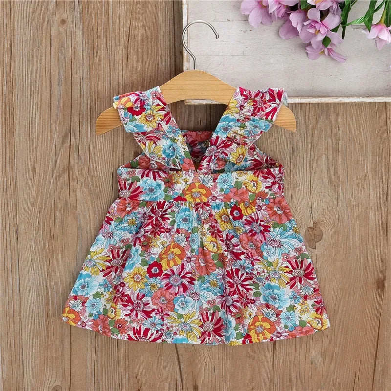 Baby Girl Floral Dress – Ruffled Halter A-Line with Bag (0–3 Yrs)