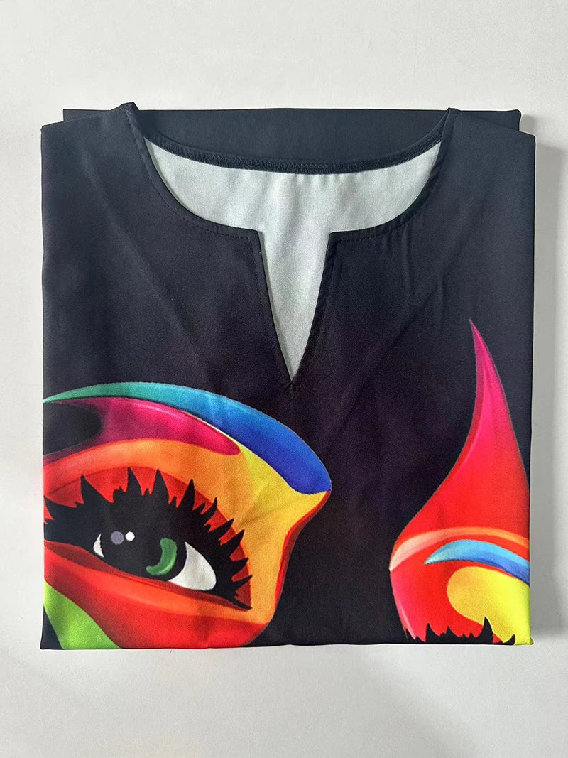 V-Neck Printed Dress – Sleeveless European Style Mid-Length