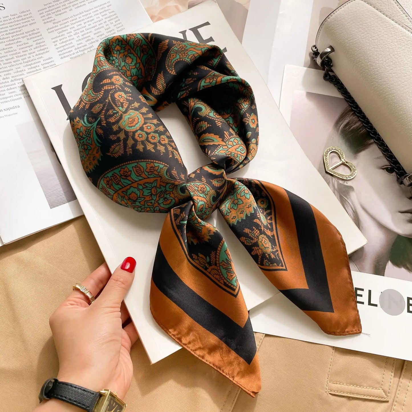 2025 New 70x70cm Printed Women’s Silk Scarf – Luxury Pashmina Square Shawl & Headband