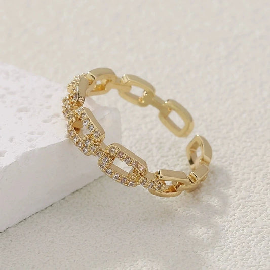 Zircon Twist Chain Open Ring – Elegant Gold & Silver Women’s Wedding Jewelry